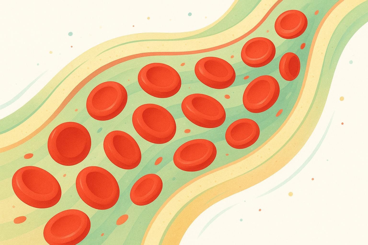 An illustration showing numerous healthy, red blood cells flowing through a light green and yellow blood vessel. The background is a soft off-white with scattered small, colorful dots.