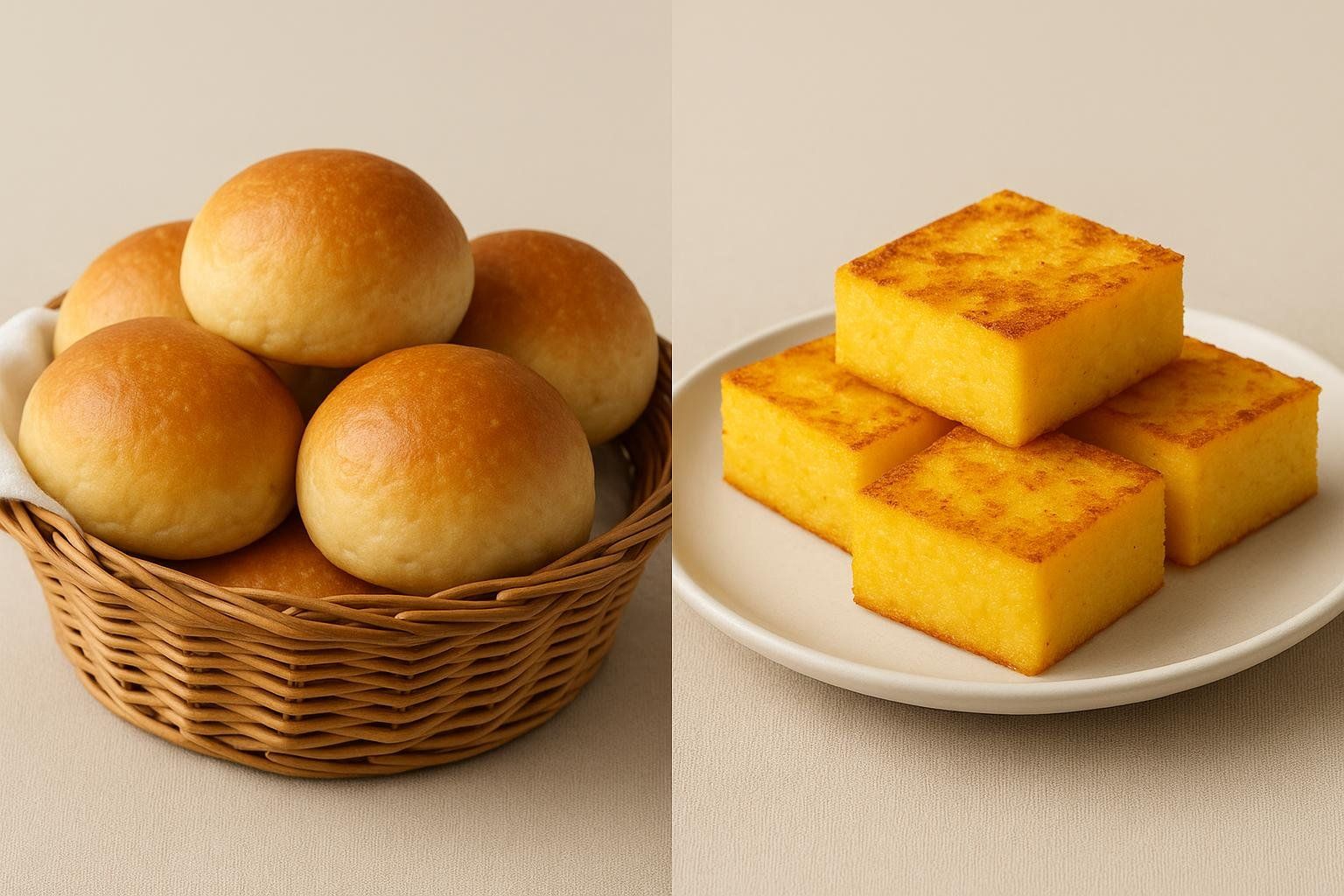 A side-by-side comparison showing traditional golden-brown bread rolls in a woven basket next to a plate of golden-yellow gluten-free polenta squares, offering a Thanksgiving side dish alternative.