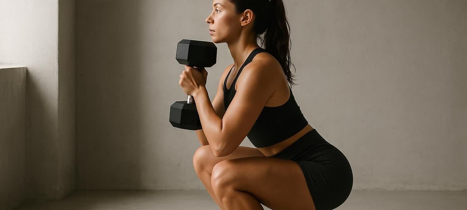 A woman holding a dumbbell performs a perfect goblet squat, highlighting proper form for lower body exercise.