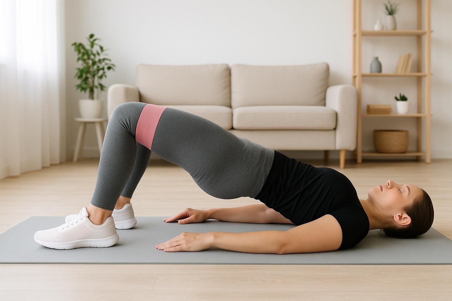 A person in athletic wear lies on a yoga mat and performs a glute bridge exercise with a pink resistance band around their thighs. They are in a well-lit room with a couch and shelf in the background.