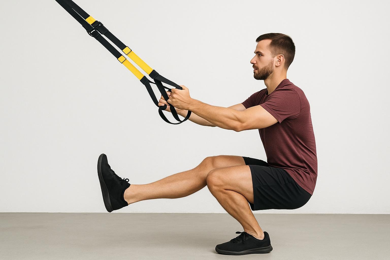 A man in a red t-shirt and black shorts performing a single-leg pistol squat, holding black and yellow TRX straps for balance and support. He is in a deep squat position with one leg extended forward.