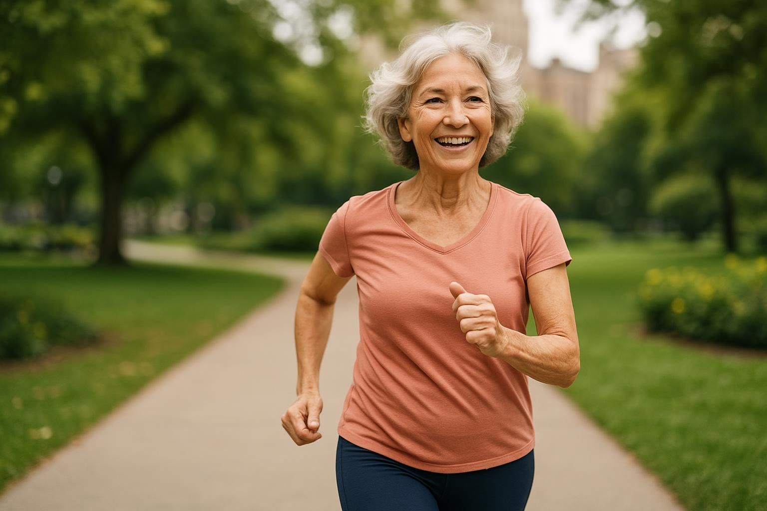 A vibrant older woman with short gray hair, wearing a terracotta t-shirt and dark blue pants, smiling broadly while walking quickly in a park. Trees and green grass line the paved path, with a building visible in the soft focus background.