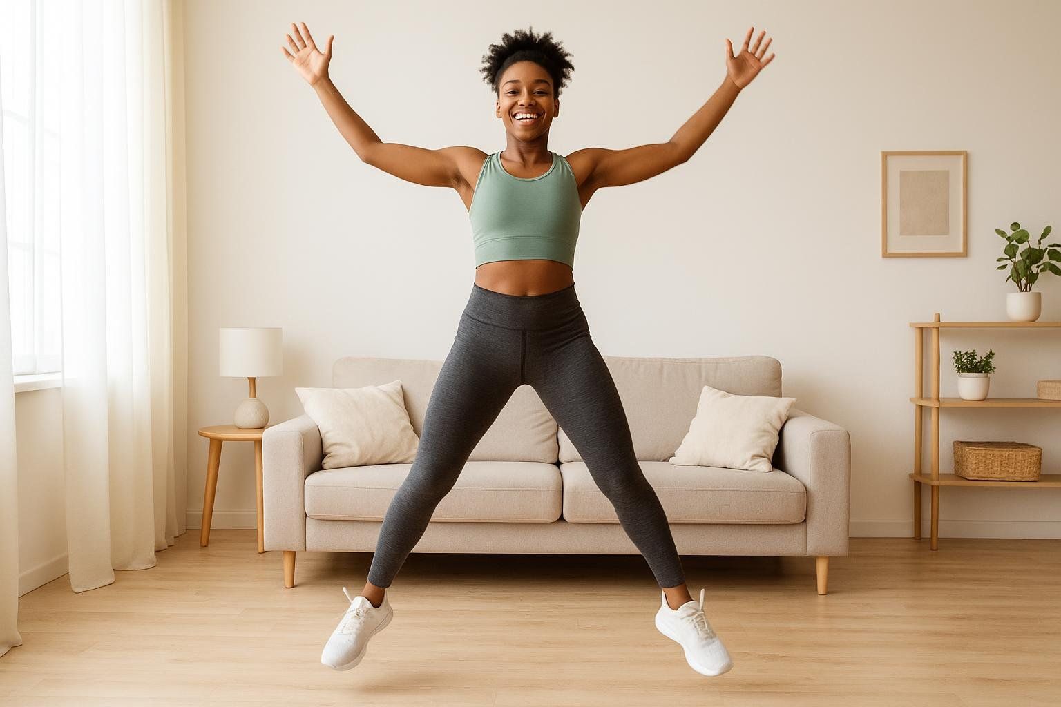 A person energetically performs jumping jacks in their living room, demonstrating an at-home cardio exercise.