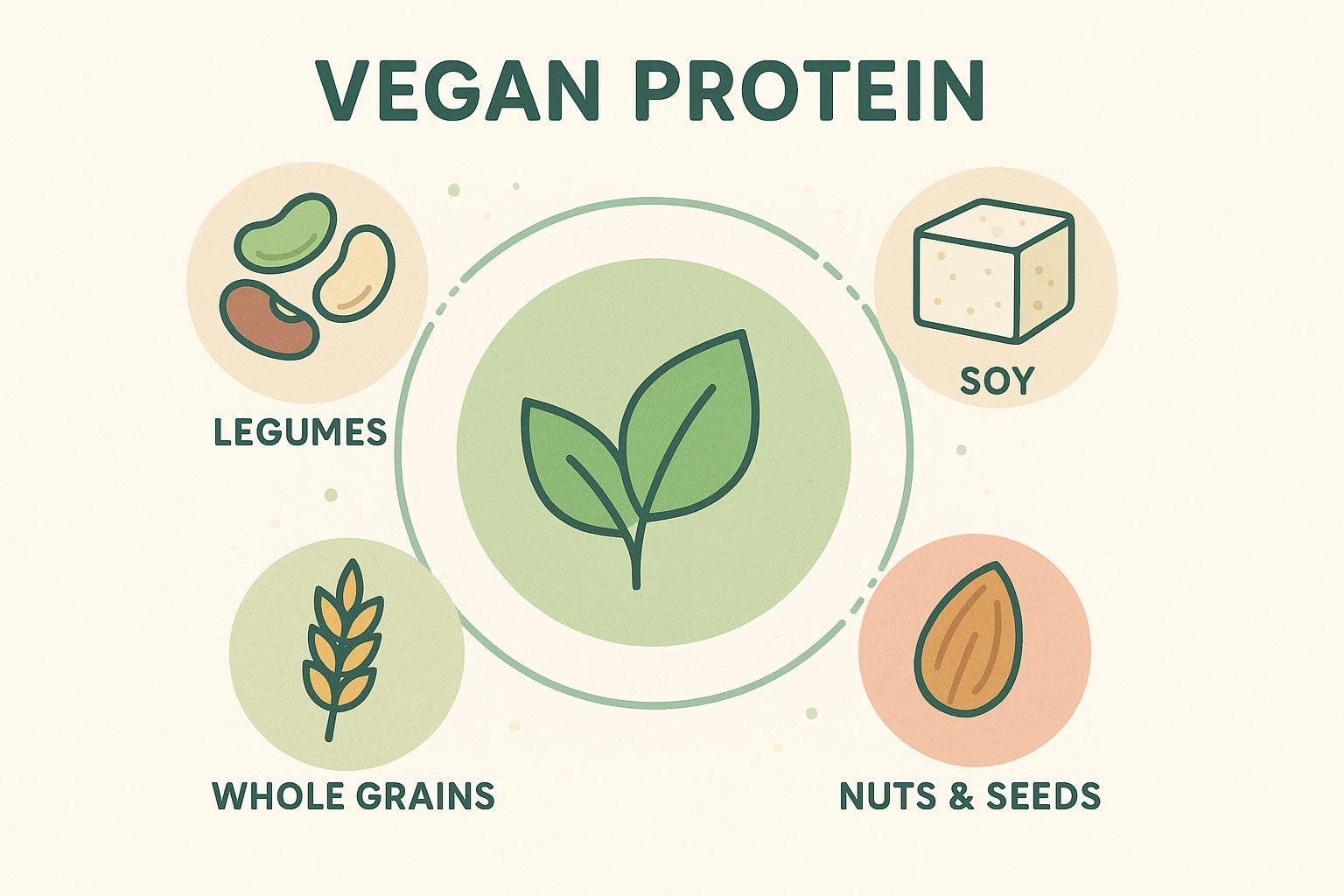 An infographic displaying five circles connected by dashed lines. The central circle has two green leaves. The other four circles contain icons and text: 'LEGUMES' (depicting three beans), 'SOY' (a cube of tofu), 'WHOLE GRAINS' (a stalk of wheat), and 'NUTS & SEEDS' (an almond). The title at the top reads 'VEGAN PROTEIN'.