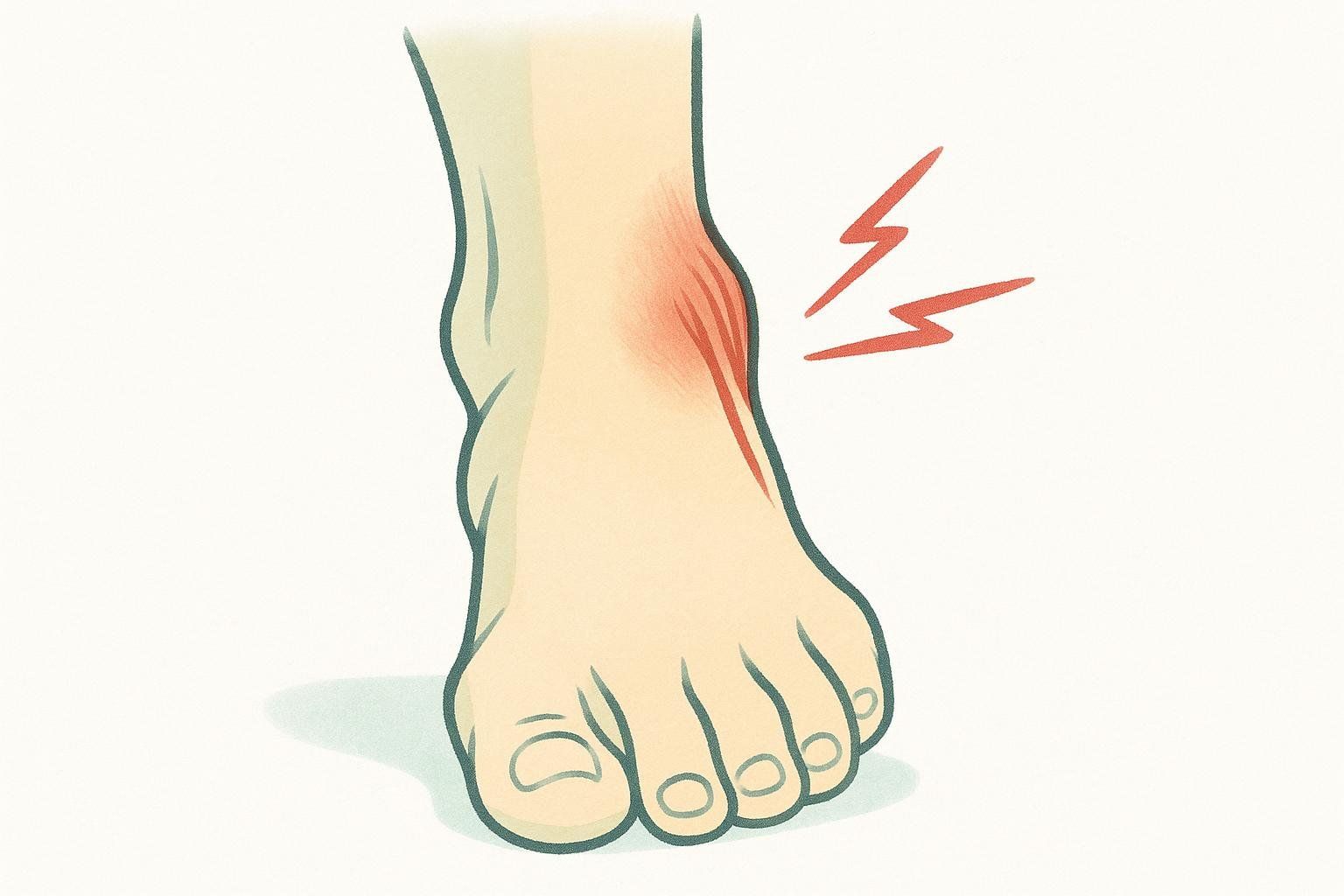 An illustration showing a human foot with the ankle twisted inwards, indicating excessive inversion. A red area highlights the outer ankle and lower shin, with two red lightning bolt symbols next to it, signifying pain and stress in the lateral muscles due to a sprain.