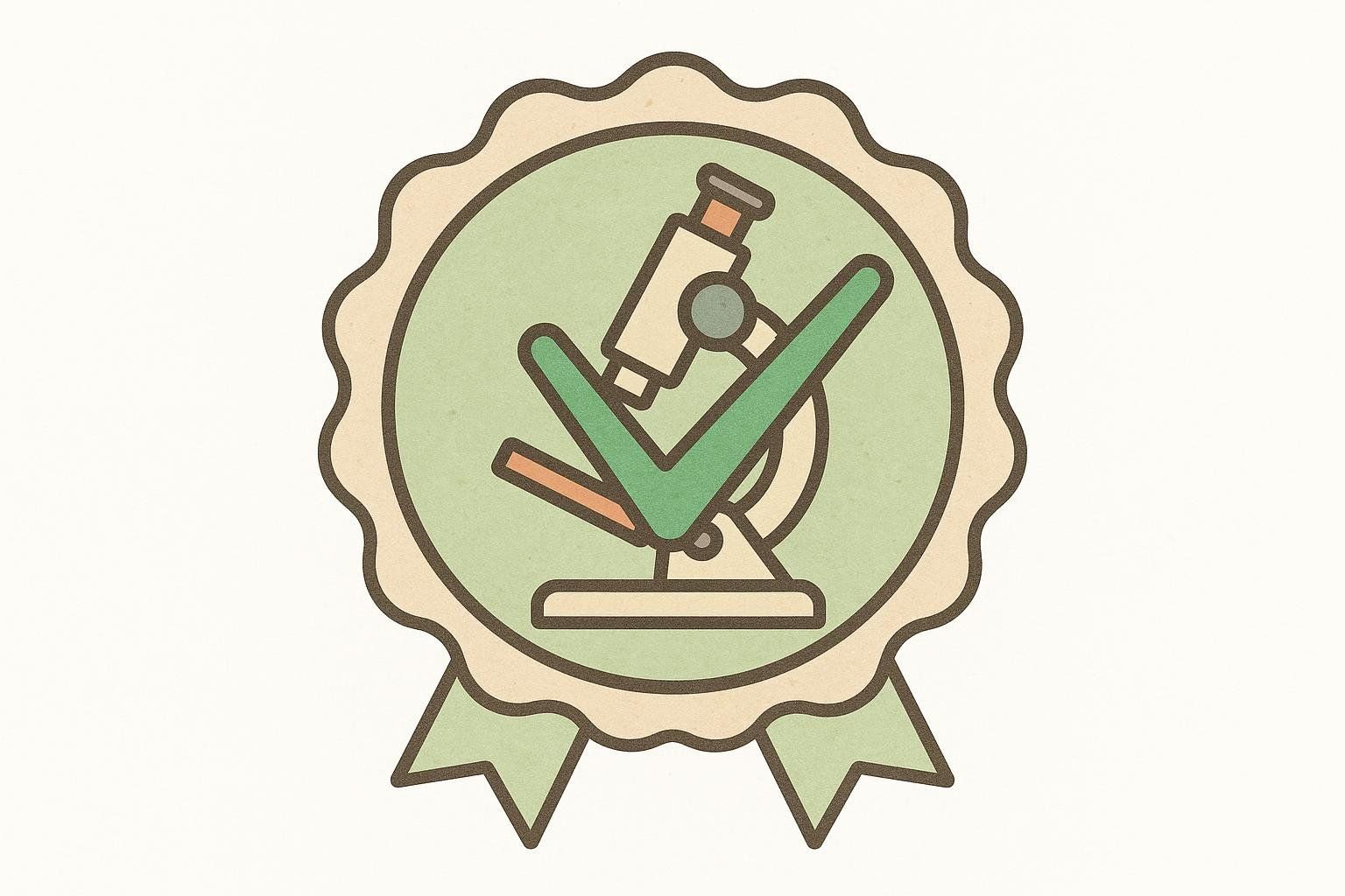 An illustration of a quality seal or badge, with a green background, light brown outline, and green ribboned bottom. Inside the circle is a simplified drawing of a beige microscope and a prominent green checkmark, symbolizing quality and certification for laboratory tests.