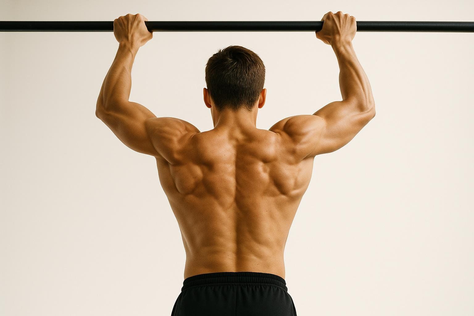 A low-angle shot from behind of a man with well-defined back muscles hanging from a pull-up bar, palms facing away, in the dead hang position, ready to perform a pull-up.