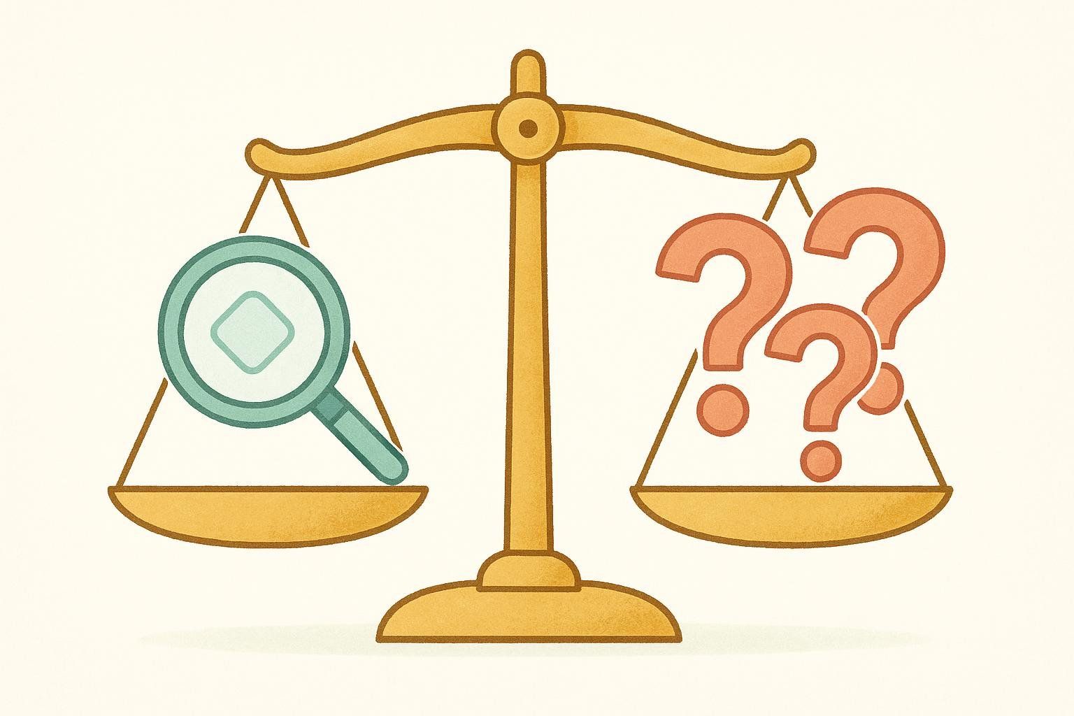 An illustration of a balance scale. The left pan holds a magnifying glass icon, symbolizing increased detection. The right pan holds three prominent question mark icons, representing false positives. The scale is tilted, with the side holding the question marks weighed down more than the magnifying glass side.