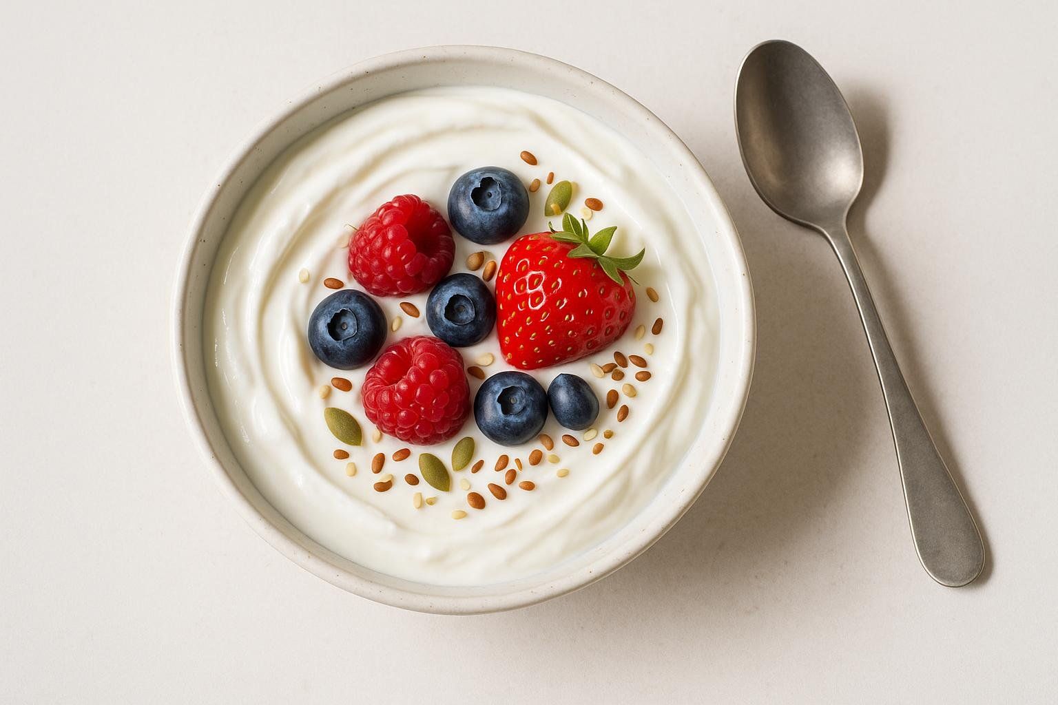 A close-up, top-down view of a small white bowl filled with creamy yogurt, topped with a mix of fresh raspberries, blueberries, and a single strawberry, along with a sprinkle of brown and green seeds. A silver spoon is positioned to the right of the bowl against a white background.