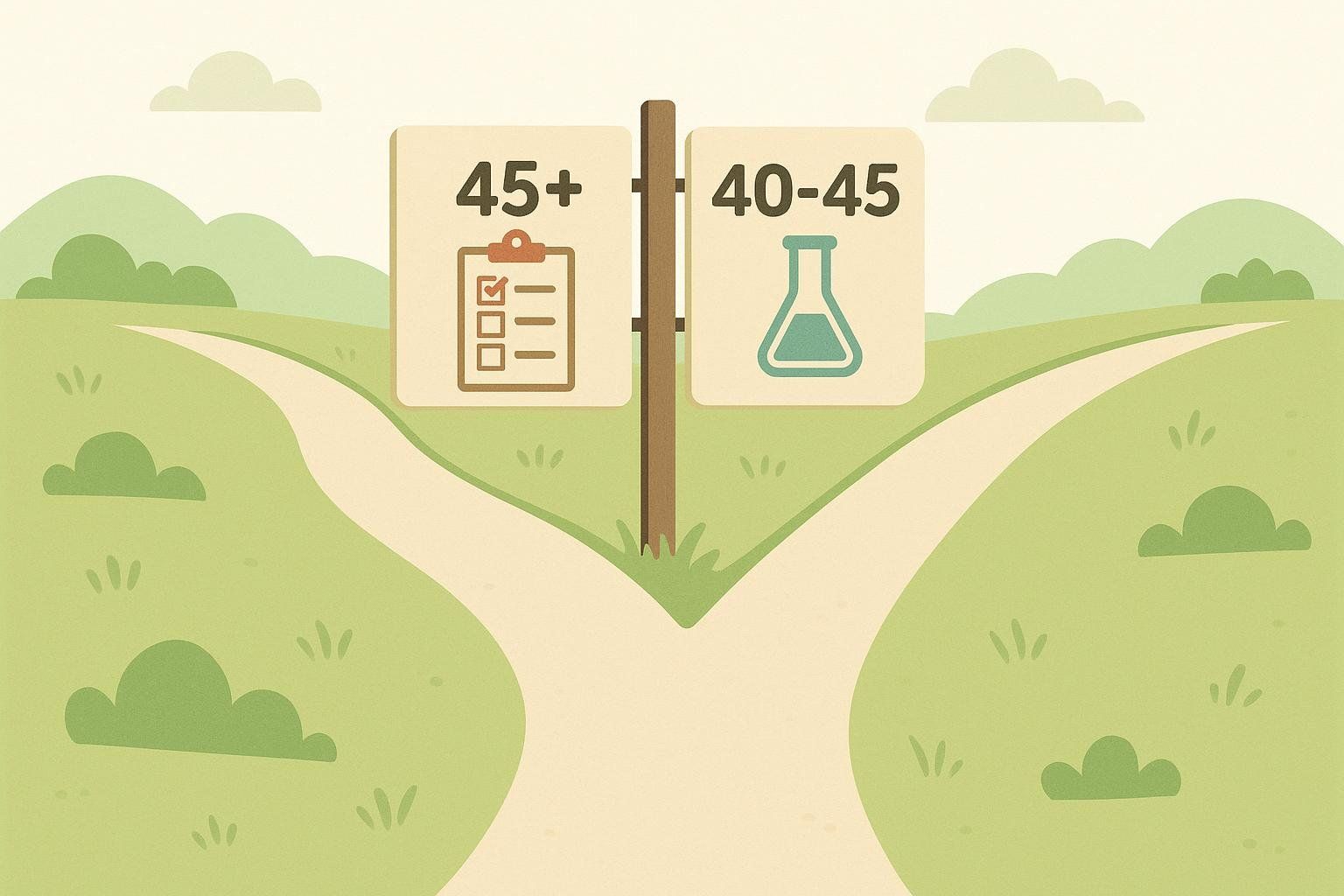 A cartoon illustration of a fork in the road with two signs. The left sign shows '45+' with a clipboard and checklist, while the right sign shows '40-45' with a beaker. This visualizes decision-making for perimenopause testing based on age.