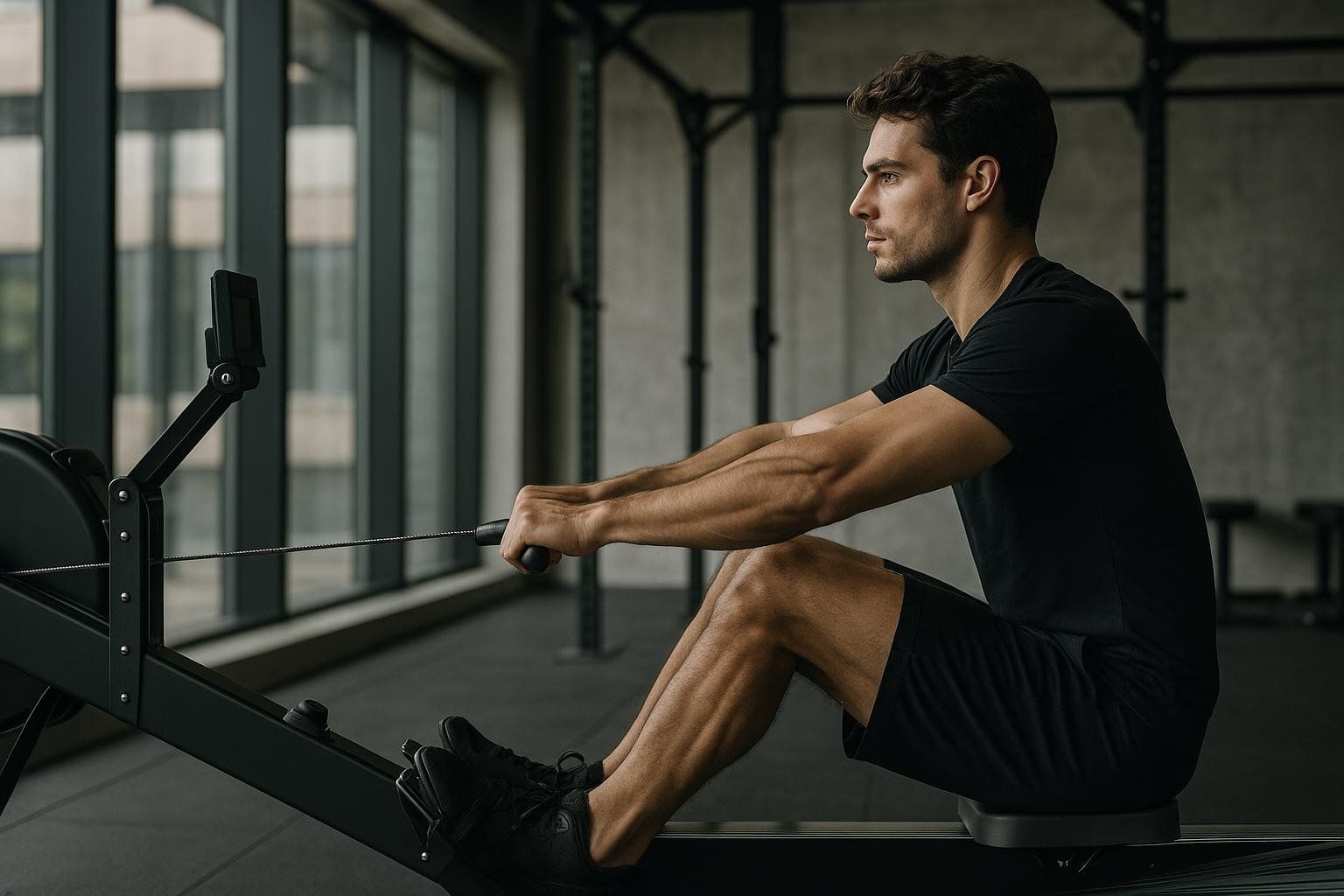 Side view of a person using a rowing machine at the gym for an intermediate cardio workout.