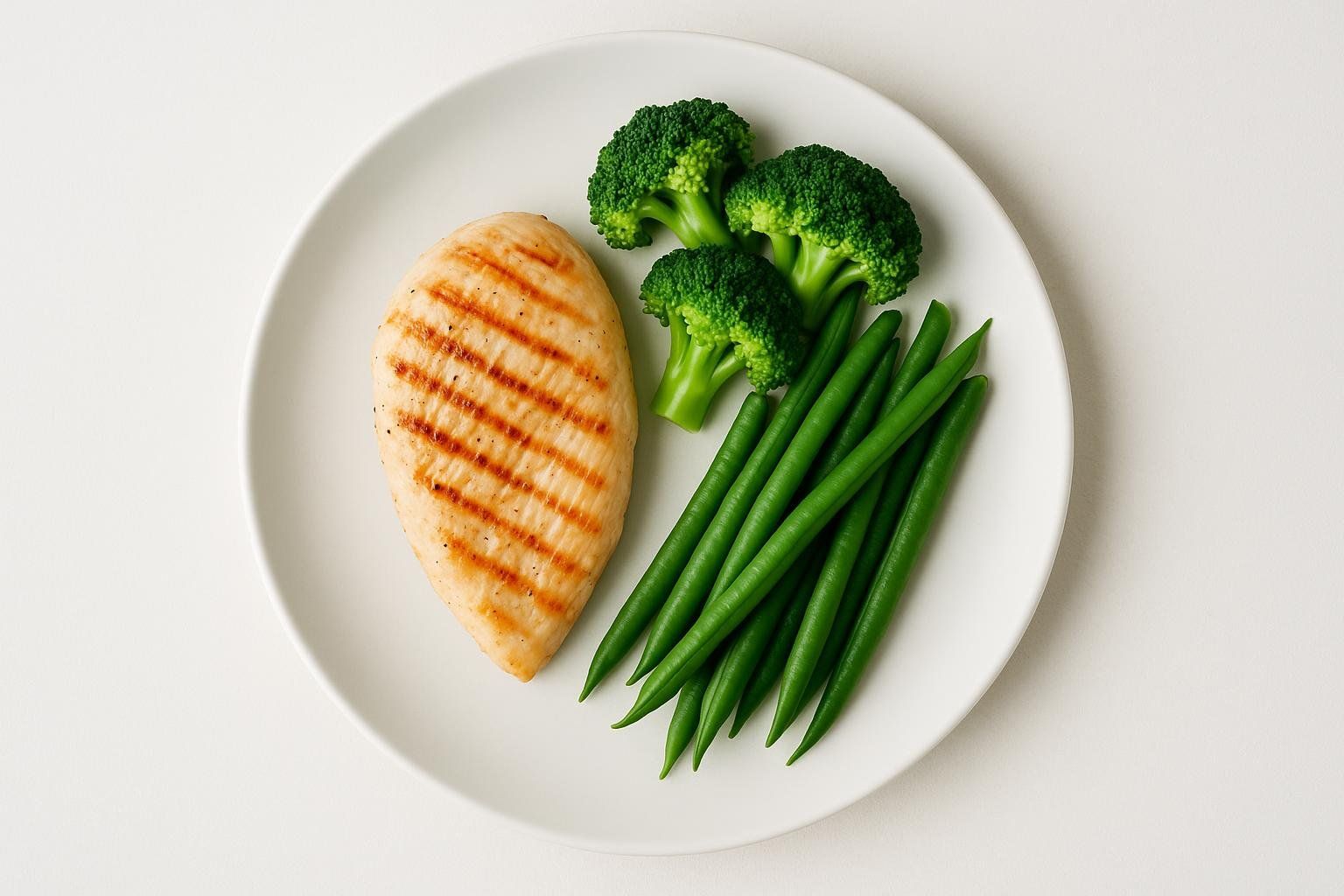 A close-up, top-down view of a grilled chicken breast, several broccoli florets, and a cluster of green beans served on a plain white plate.
