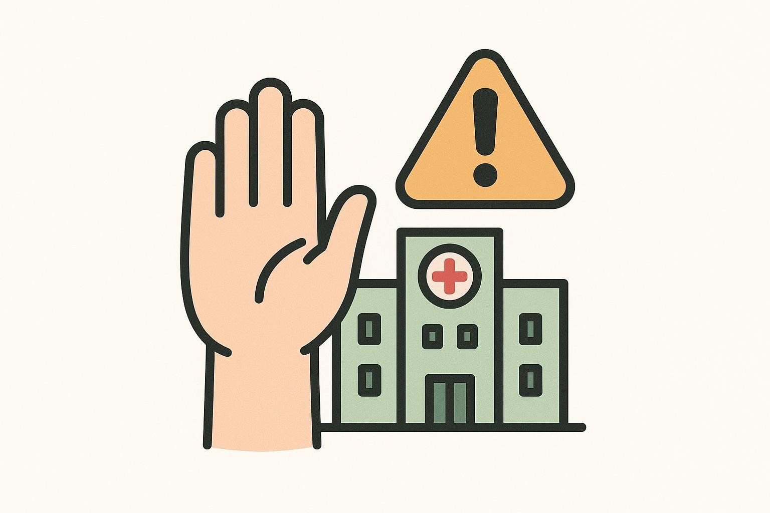 An icon of a hand in a 'stop' gesture in front of a hospital building, symbolizing the need to stop supplements before surgery.