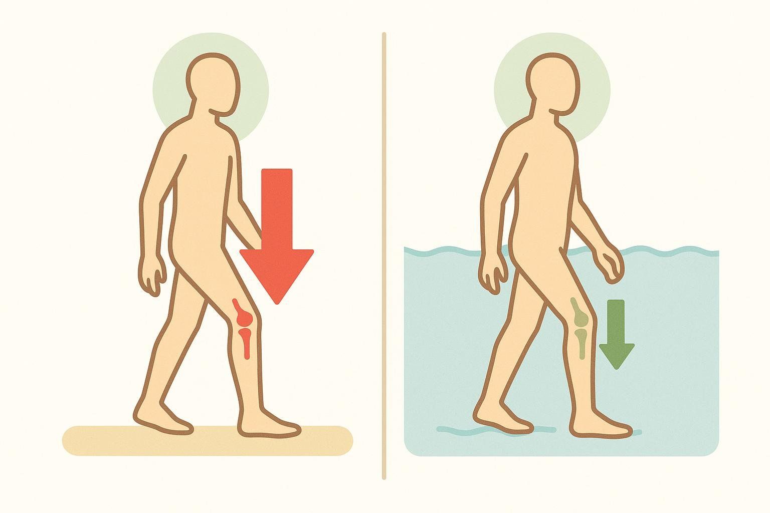 An illustration comparing high joint load on land shown by a large red arrow and red knee bones, versus low joint load in water shown by a small green arrow and green knee bones, demonstrating the effects of buoyancy for a walking human.