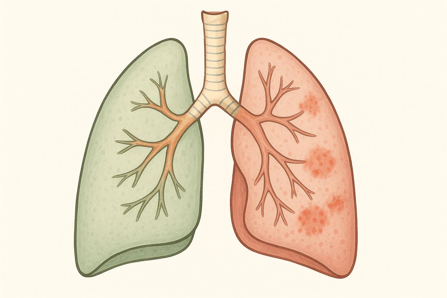 Illustration comparing a healthy green lung to a red lung with inflamed patches, representing the side effect of non-infectious pneumonitis.