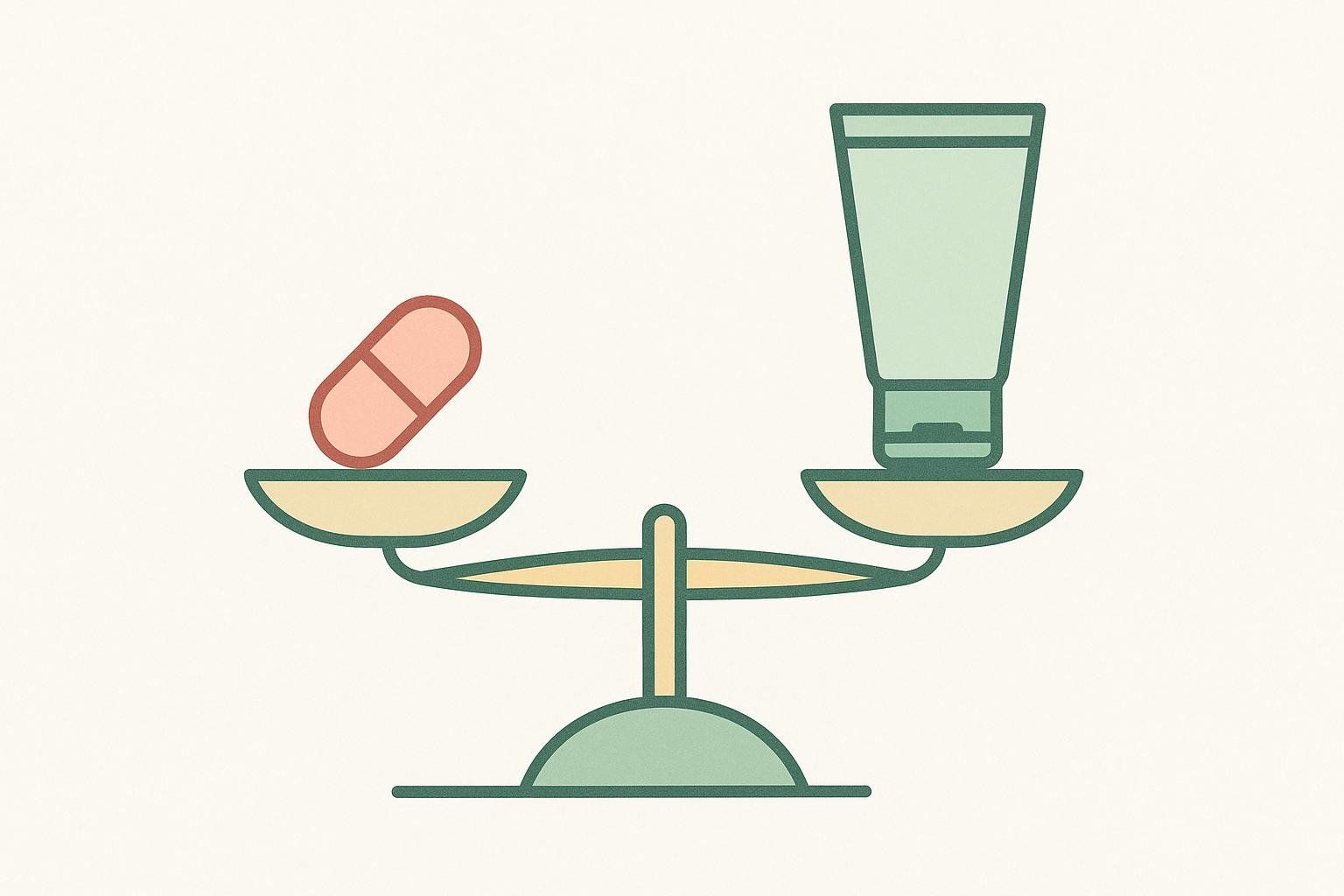 A stylized illustration of a balance scale weighing a pill against a lotion tube, with the pill side weighing more heavily.