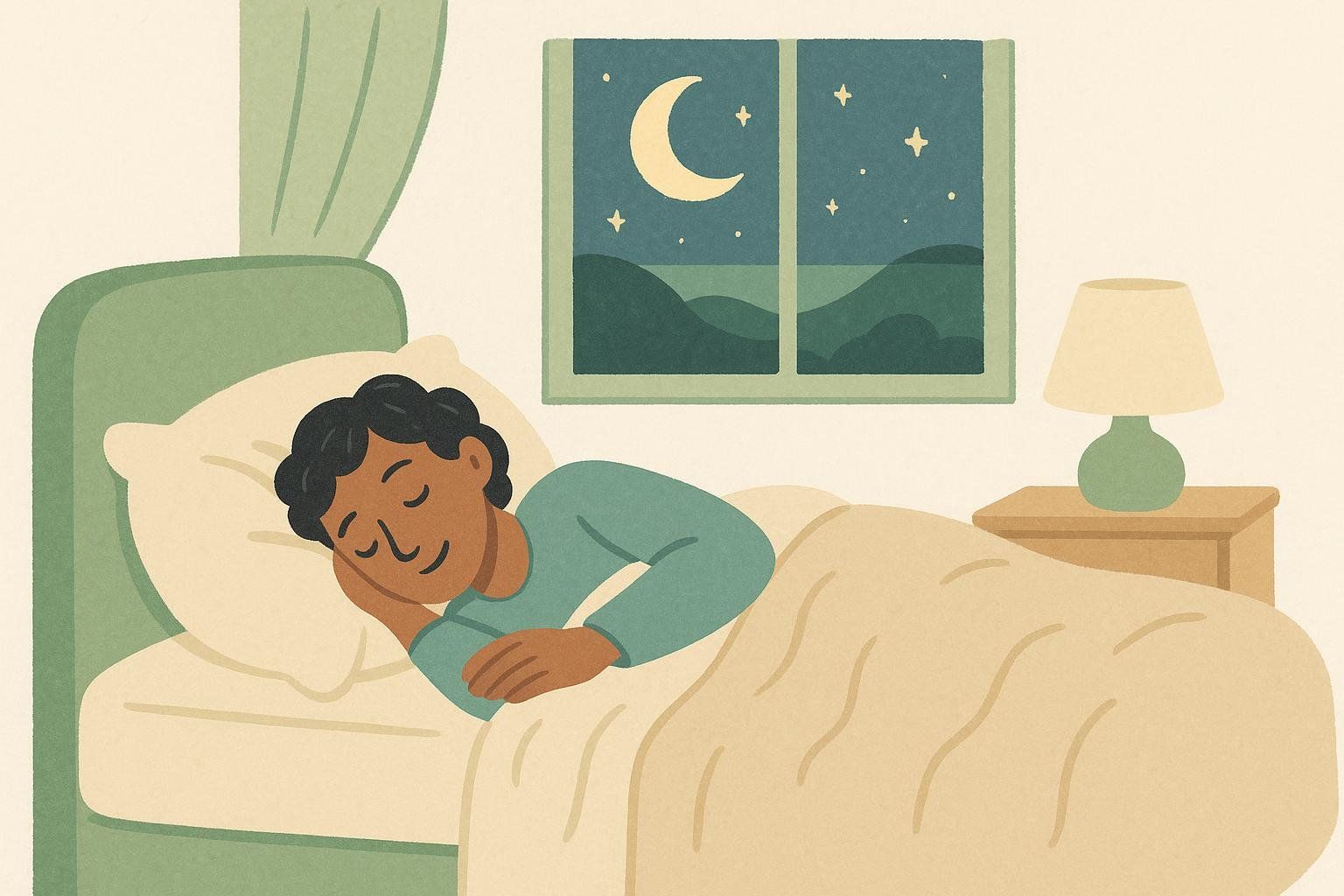 An illustration of a person with dark skin and hair sleeping soundly in bed. Outside the window, a crescent moon and stars are visible in the night sky. On a bedside table, a lamp casts a soft glow.