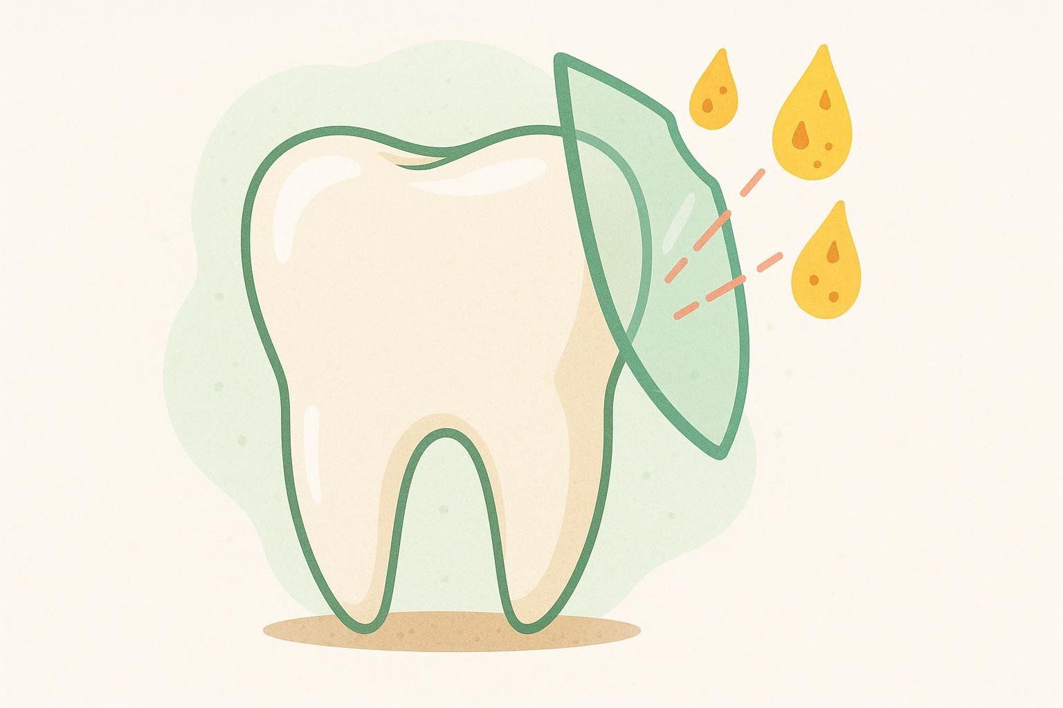 Stylized illustration of a healthy tooth with a transparent green shield deflecting orange liquid drops, representing enamel protection and resistance to acid.