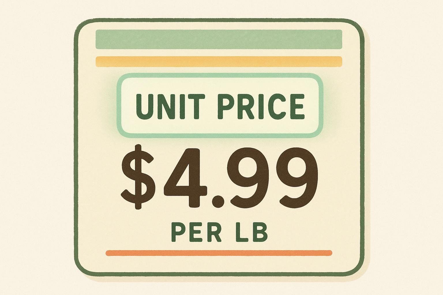 An illustration of a light brown grocery store shelf tag with rounded corners. The top section is light green, followed by a thin yellow line. Below this, in a light green box, are the words 'UNIT PRICE' in dark green. Below that, in large dark brown text, it reads '$4.99'. Underneath, in smaller dark brown text, it says 'PER LB'. A thin orange line is at the bottom of the tag.