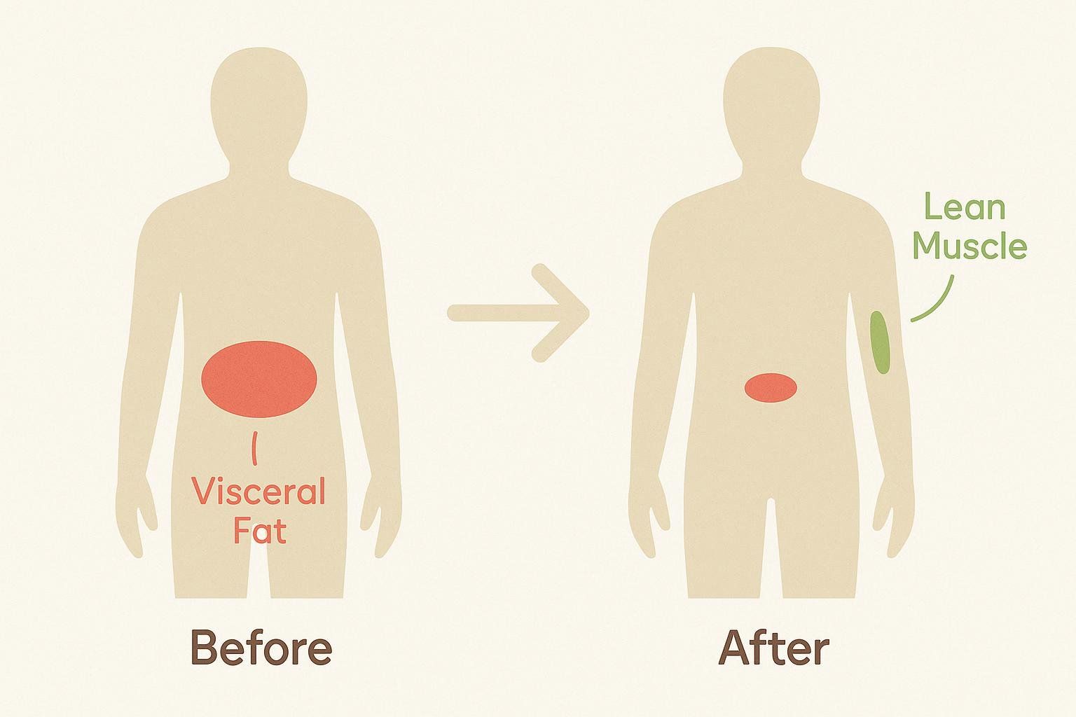 An illustration showing a 'before' human silhouette with more visceral fat and an 'after' silhouette with less visceral fat and an indication of increased lean muscle.