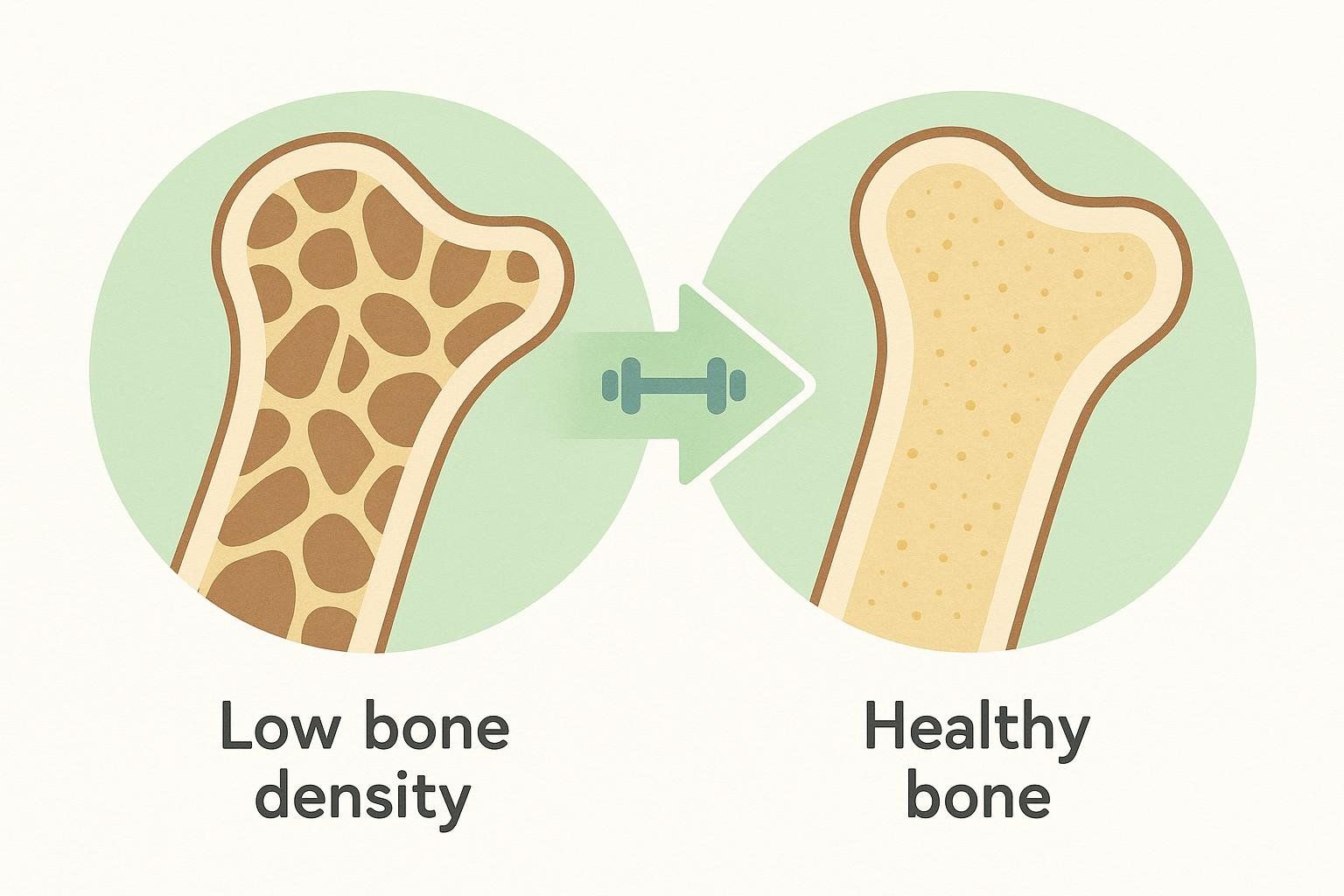 Illustration showing how weight training can help improve bone density, transitioning from a porous to a dense bone structure.