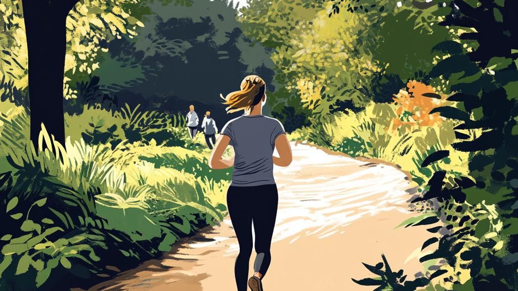 An illustration of a woman running on a dirt path in a park, with trees and foliage surrounding the path. Two figures are seen walking in the distance.