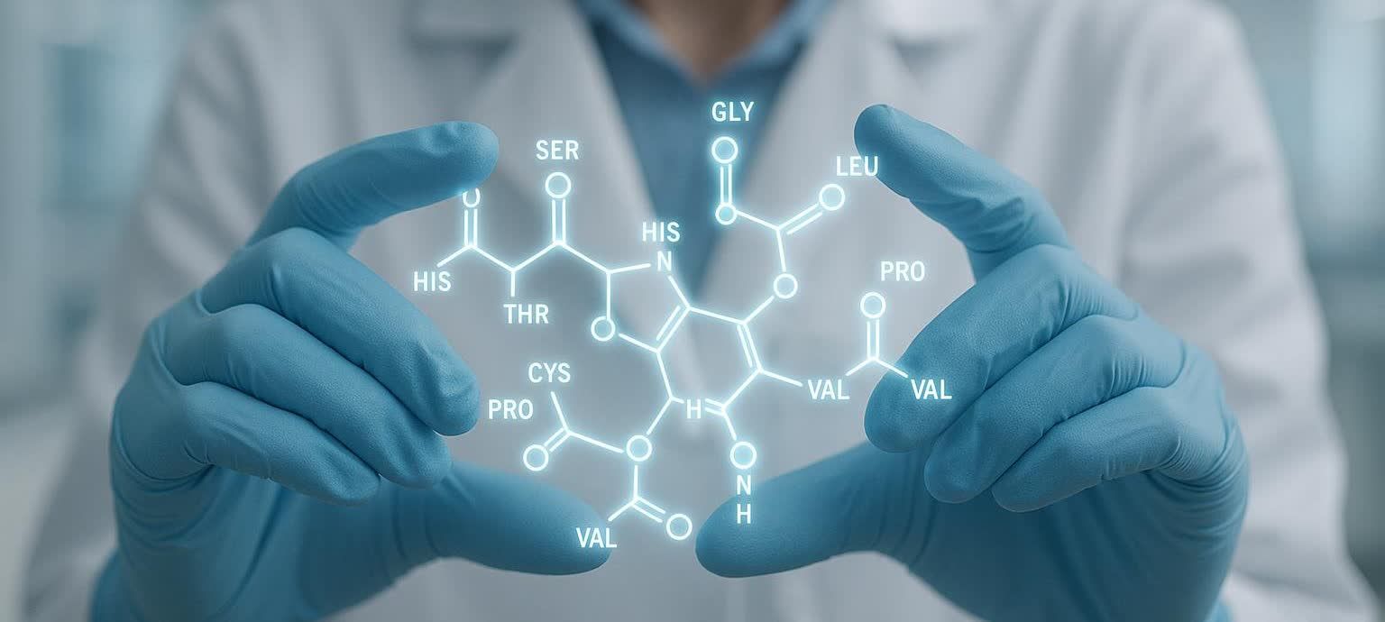 A scientist in a lab holding a glowing, holographic model of a peptide molecule, symbolizing scientific advancement in weight management.