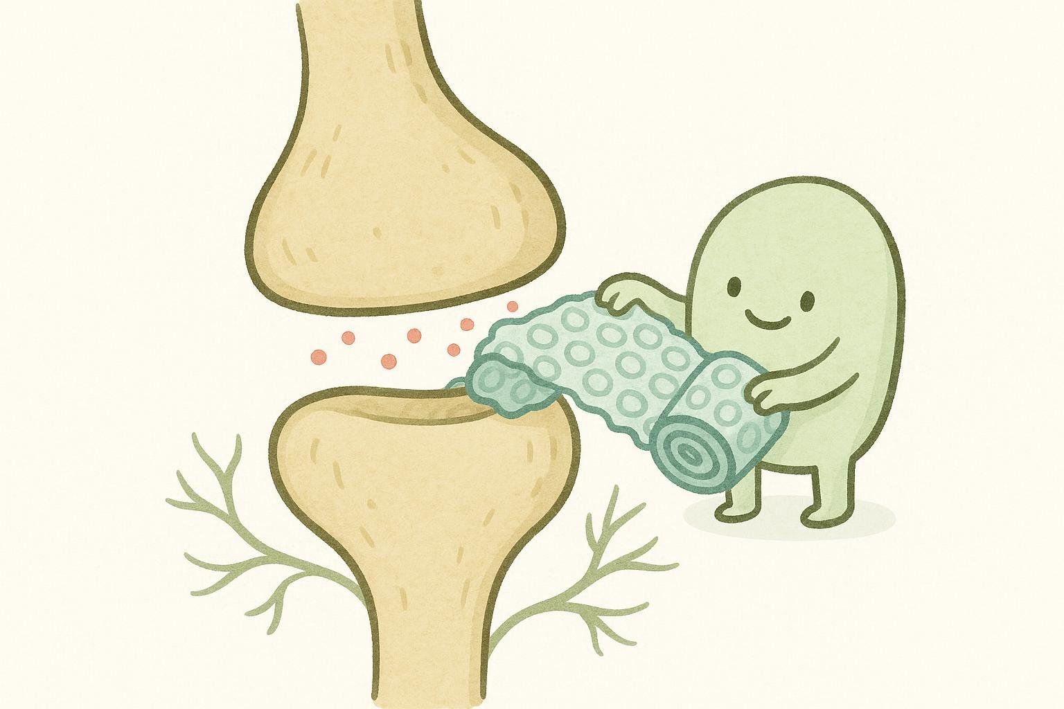 An illustration of a green blob-like creature, meant to represent a protein, wrapping a brain synapse in bubble wrap, illustrating how the RBM3 protein protects neural connections.