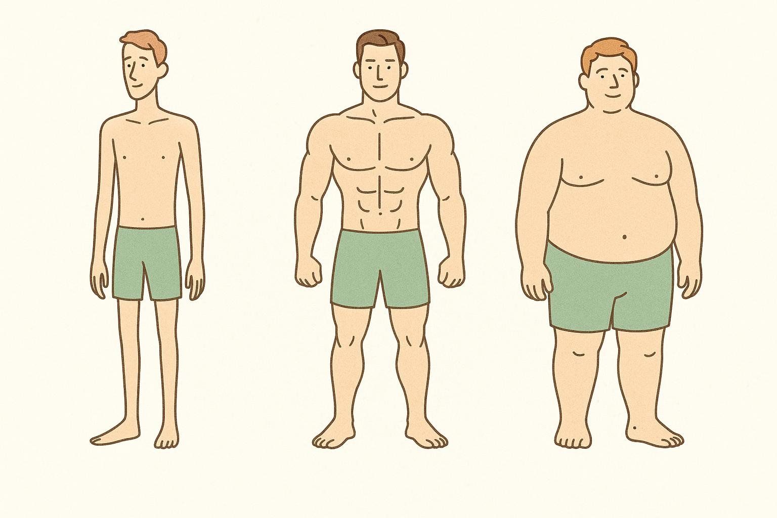 An infographic illustrating the three general male body types or somatotypes: the lean and slender ectomorph on the left, the muscular and athletic mesomorph in the center, and the stocky and soft endomorph on the right. Each figure is shown from the waist up, wearing light green shorts.