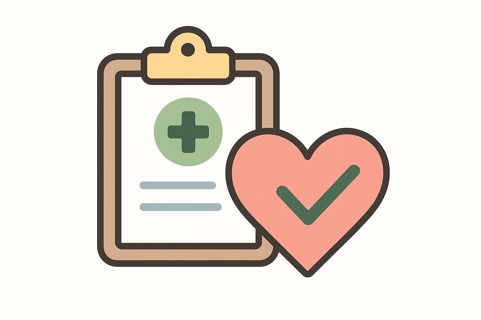 An icon depicting a medical clipboard with a green cross and two lines, next to a pink heart with a green checkmark on it, symbolizing medical clearance or good health.