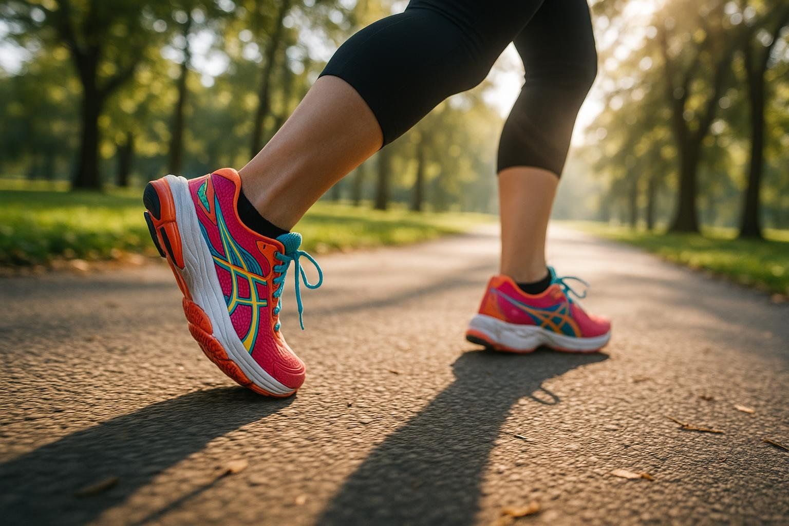 Close-up, low-angle shot of a person's feet in vibrant pink, blue, and yellow sneakers walking on a paved park path in dappled sunlight, surrounded by trees and green grass.