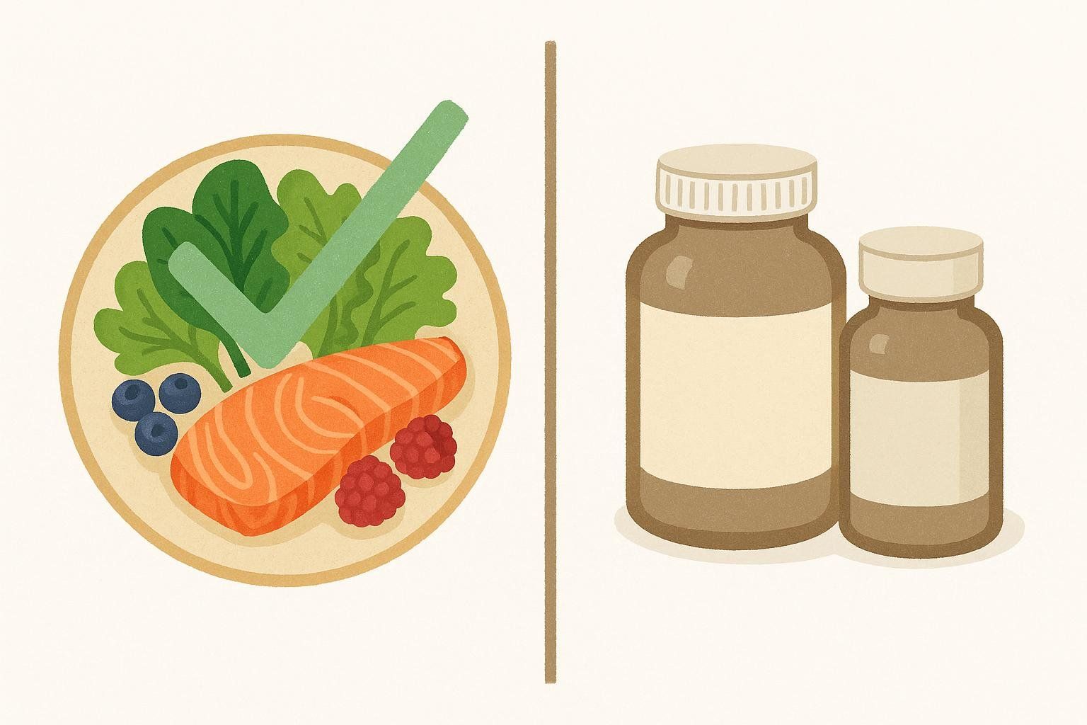 An illustration comparing a plate of healthy whole foods (salmon, spinach, blueberries, raspberries) with a green checkmark over it, to two brown supplement bottles, emphasizing that nutrition from whole foods comes first.