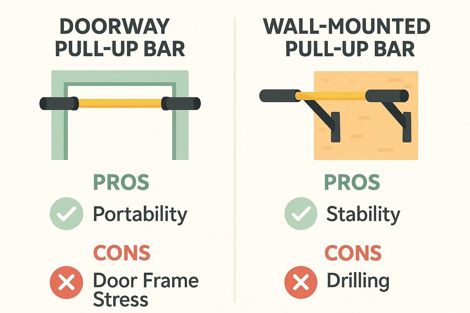 Infographic comparing the pros and cons of doorway versus wall-mounted pull-up bars. Doorway bars offer portability but can stress the door frame. Wall-mounted bars offer stability but require drilling.