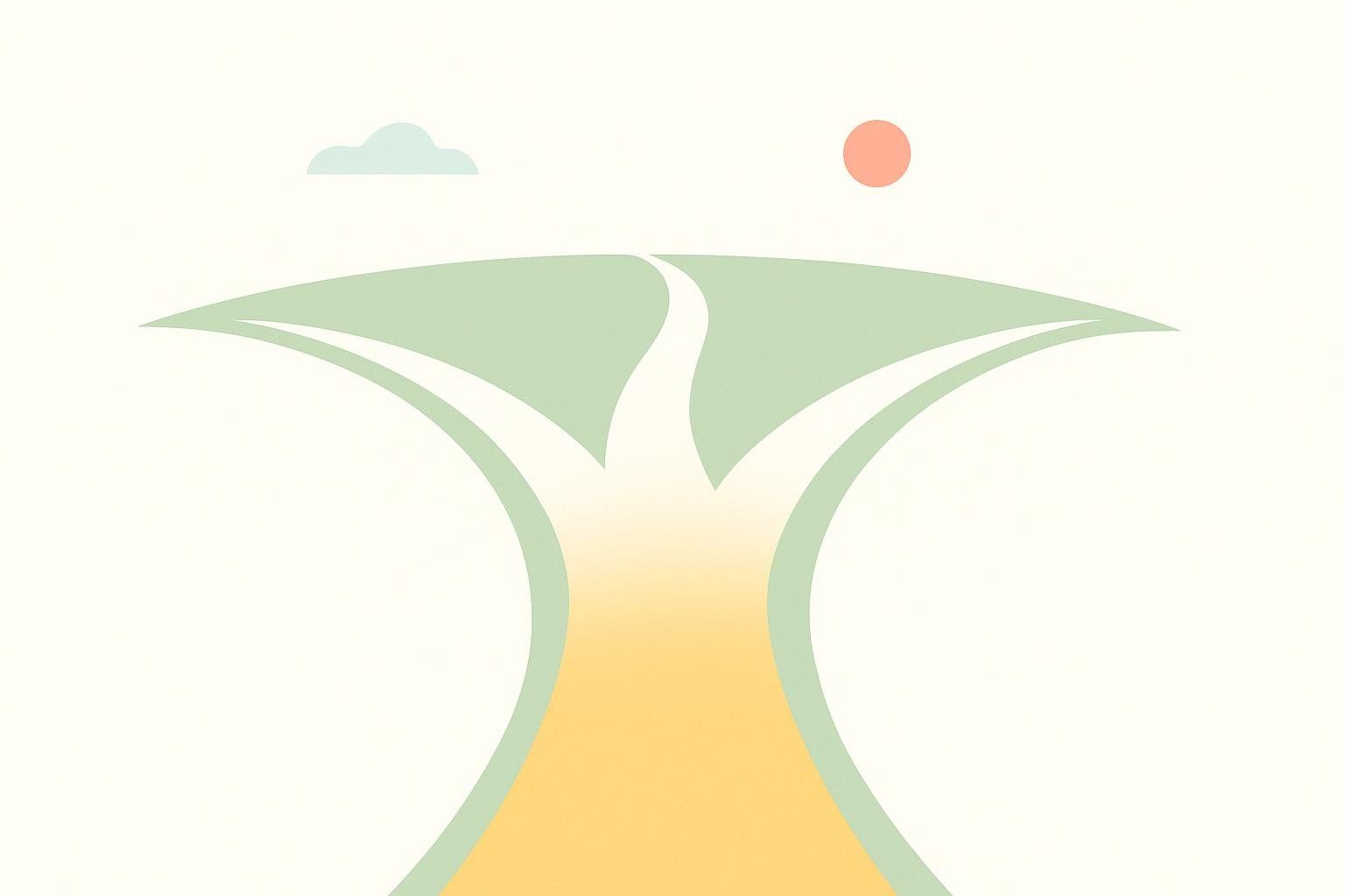 An illustration of a path splitting into three, symbolizing the different workout tracks available. The path originates from a yellow gradient at the bottom and splits into three white paths on a light green background, topped with a pale blue cloud and a red sun.