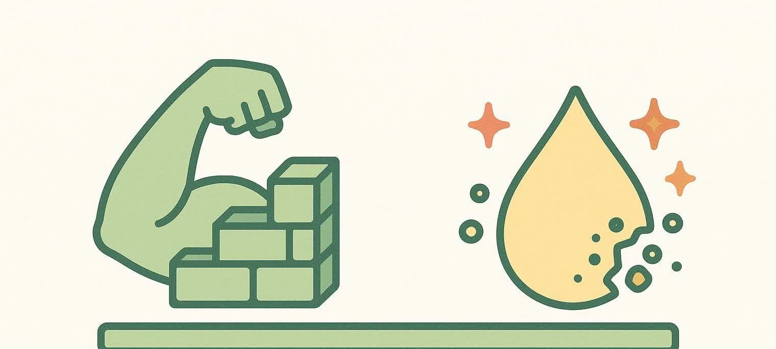 A stylized illustration depicting a green bicep muscle flexing over a stack of blocks on the left, and a yellow teardrop shape (representing a fat cell) with bits breaking off and sparkling on the right. Both are balanced on a green line resembling a seesaw, symbolizing metabolic balance between muscle building and fat breakdown.