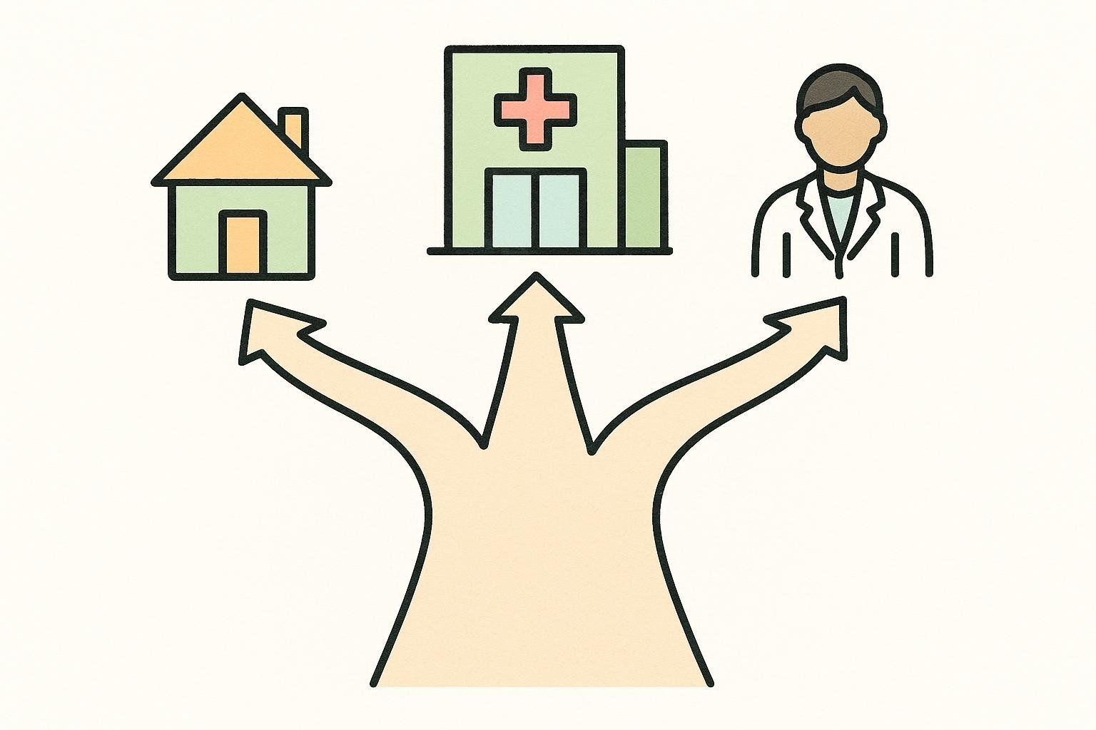 An illustration showing three paths for hormone testing: at home, at a lab/hospital, or with a clinician.