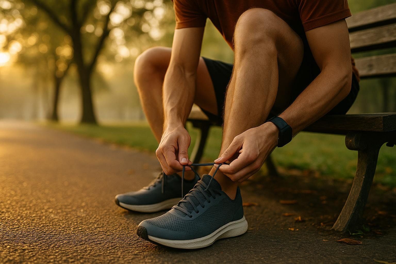 A person with muscular legs and arms, wearing an athletic watch, sits on a wooden park bench at sunrise, tying the laces of their dark grey running shoes on a paved path. Trees and golden light are visible in the blurry background.