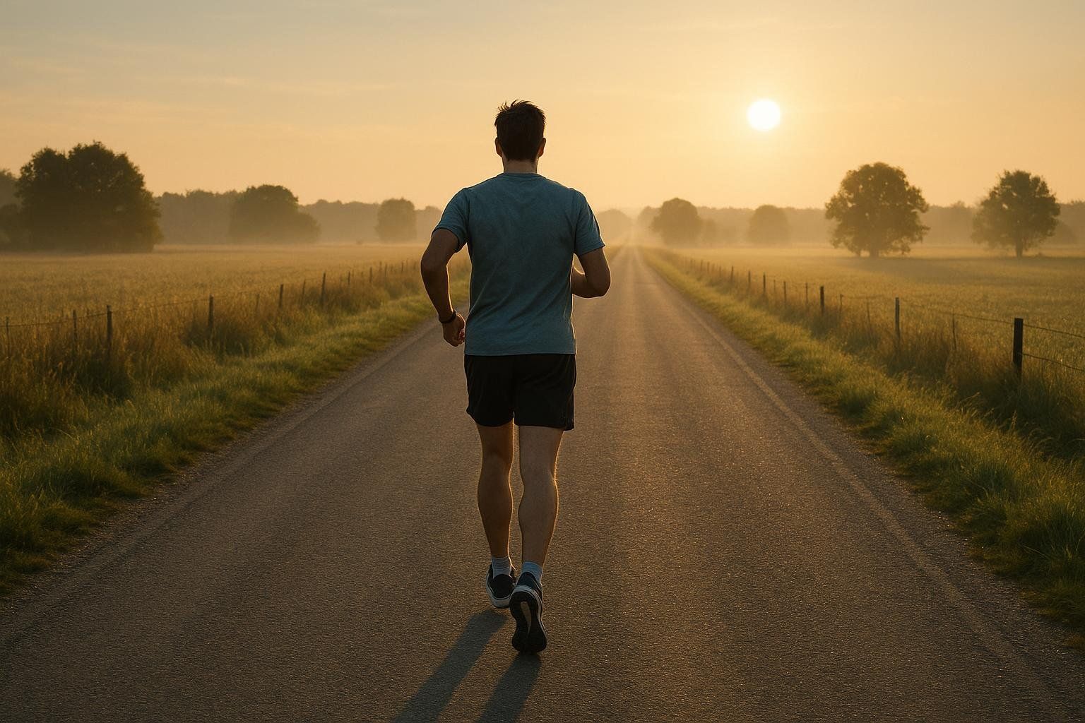 A man runs down a long, straight, empty road at sunrise. The sun is low on the horizon, casting a warm, golden light over the misty fields on either side of the road with trees in the distance. This image could represent the long run component of half-marathon training.