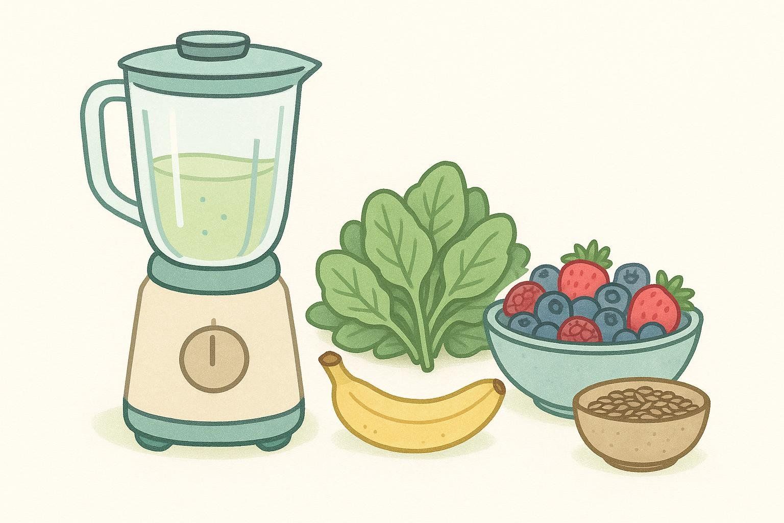 An illustration of a blender filled with green liquid next to a pile of spinach, a whole banana, a bowl of mixed berries, and a small bowl of flax seeds, all against a light off-white background. These ingredients are for making an anti-inflammatory smoothie.