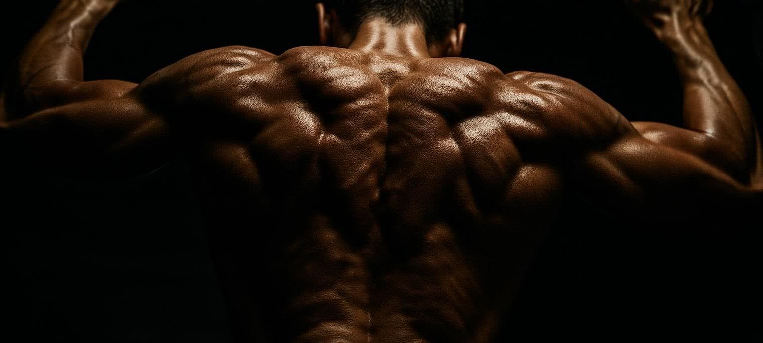 An athlete's well-defined back muscles, highlighted horizontally by dramatic lighting, showing the complexity of back anatomy.