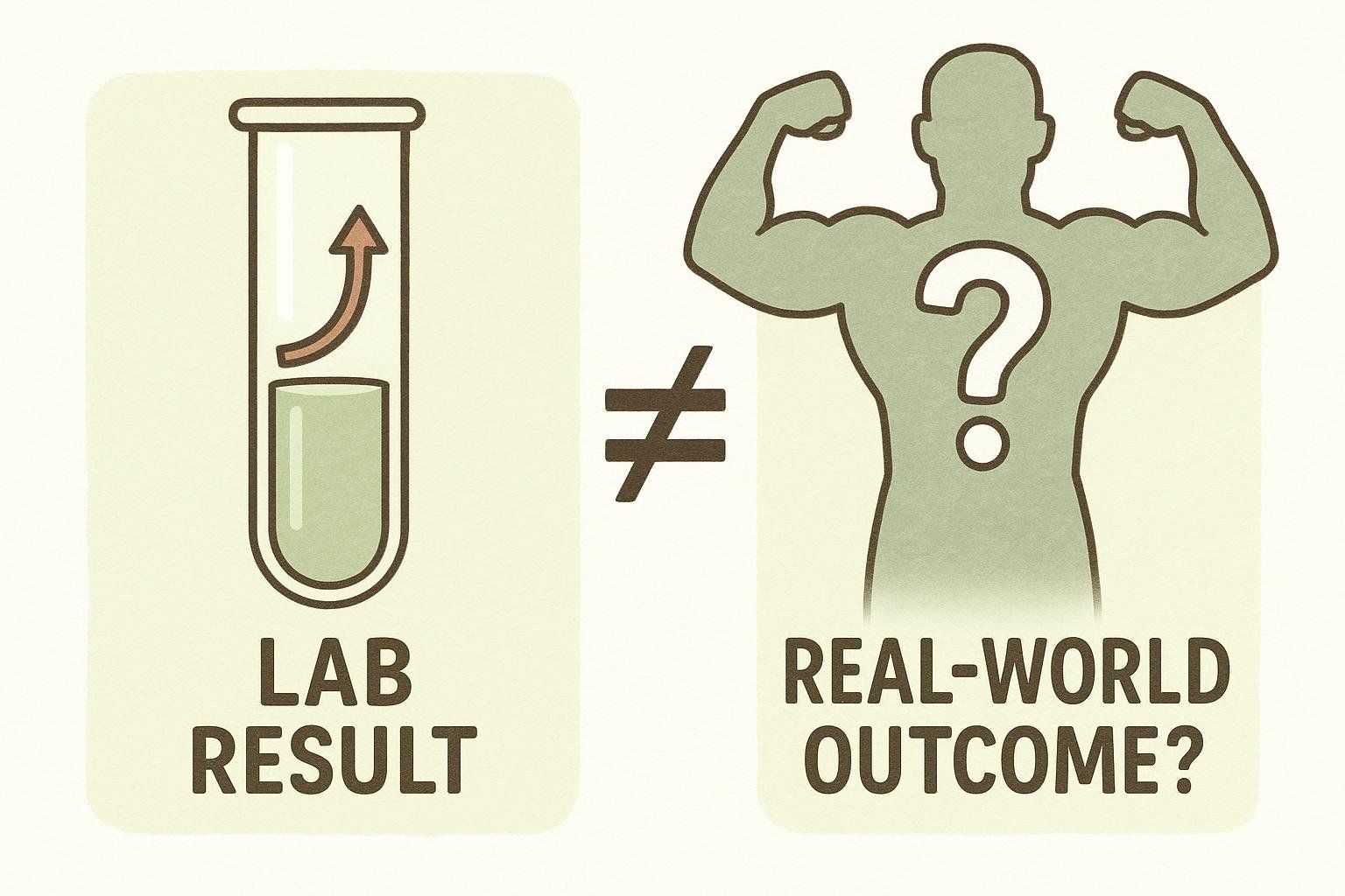 An illustration showing a test tube labeled 'LAB RESULT' with an upward arrow in it, implying an increase or positive finding. Next to it, there's a large 'not equal to' symbol. On the right, a silhouette of a muscular person with a question mark on their chest and labeled 'REAL-WORLD OUTCOME?', suggesting that positive lab results do not necessarily translate to real-world physical changes like muscle gain.