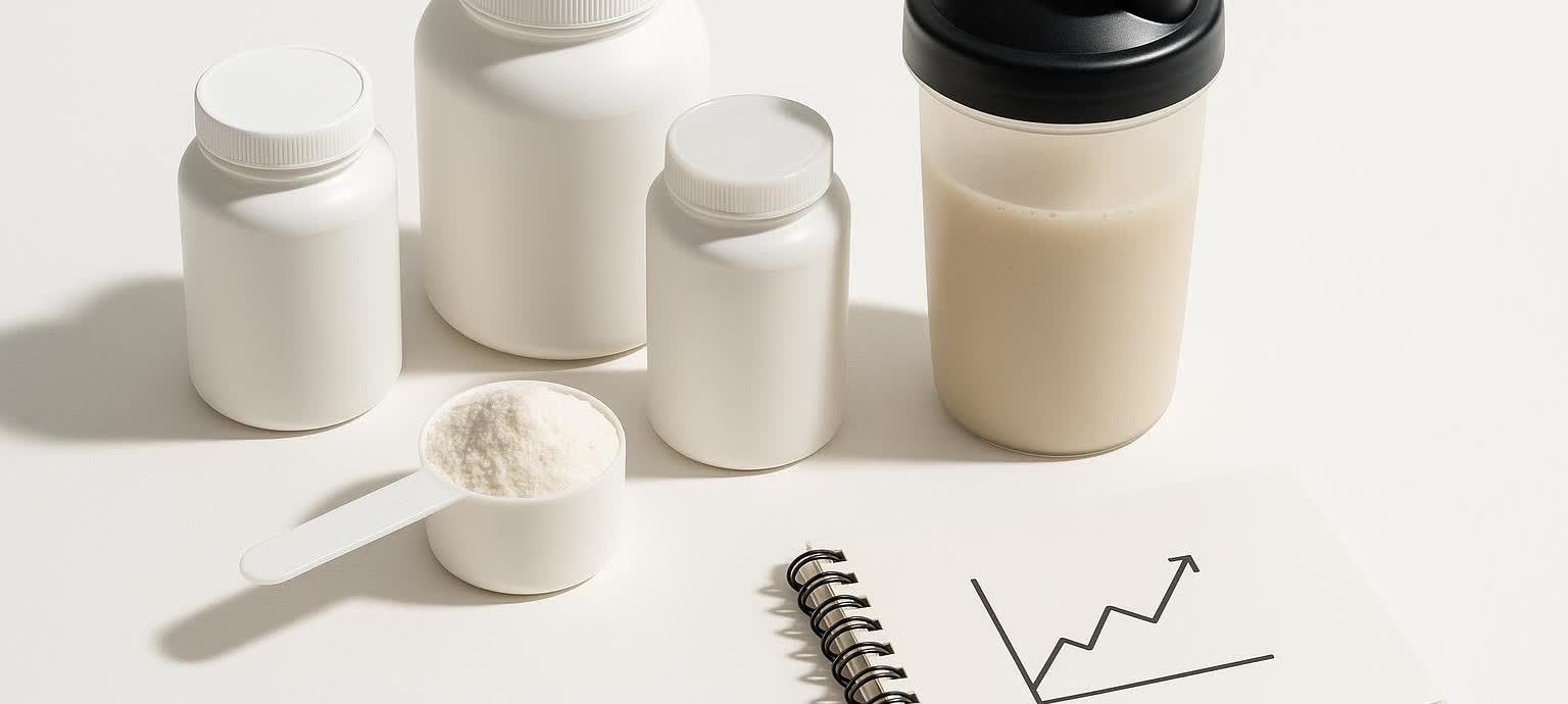 A flat lay of muscle growth supplements including protein powder and creatine, representing a science-backed approach to supplementation.