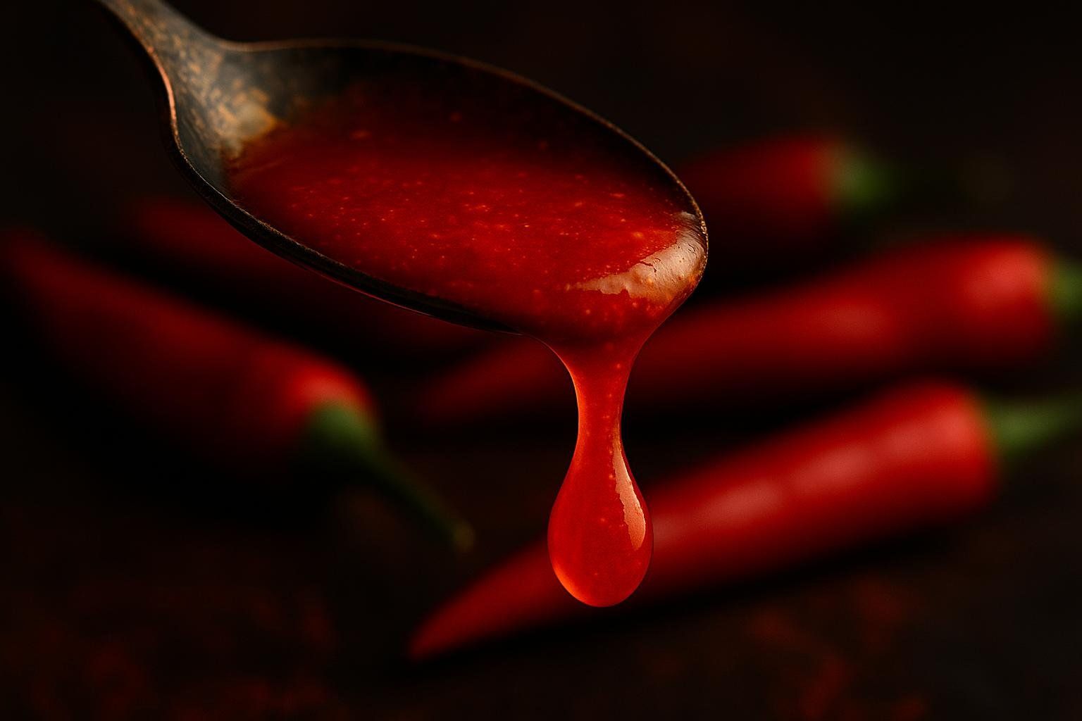 A close-up of immensely red hot sauce on a dark, rustic spoon, with a single drop dripping off the end. In the background, out of focus, are several red chili peppers.
