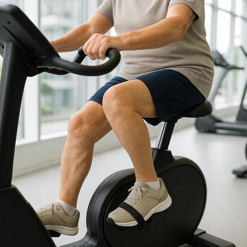 Close-up of a person's legs and lower body dressed in a grey t-shirt and dark blue shorts, riding a stationary bike in a gym, demonstrating approved low-impact exercise after hip replacement. Light-colored athletic shoes are strapped to the pedals.