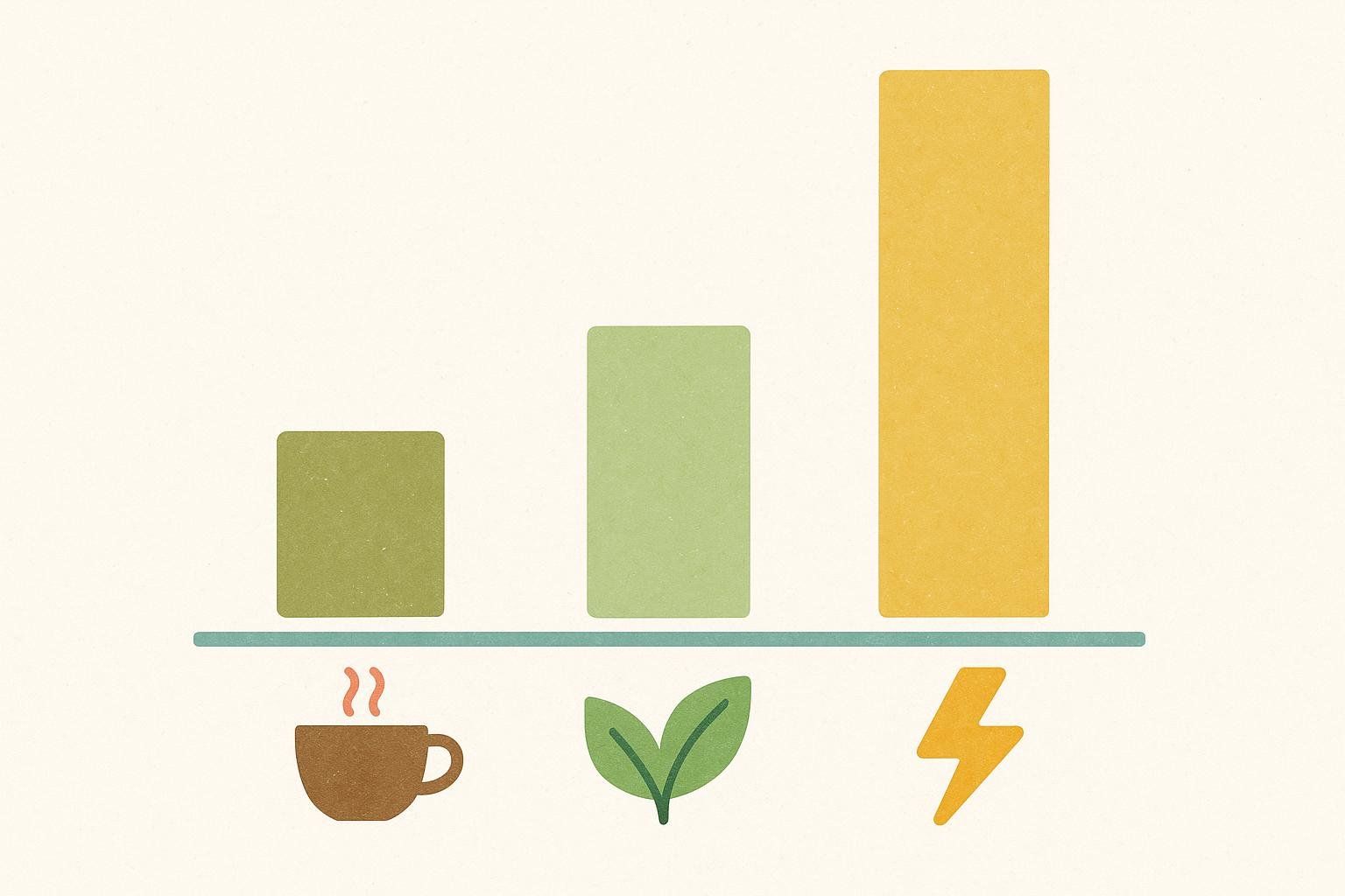 A bar chart comparing the relative caffeine content of coffee (left, medium green bar), tea (middle, light green bar), and energy drinks (right, yellow bar). The coffee is represented by a steaming mug, tea by leaves, and energy drinks by a lightning bolt, with energy drinks having the highest caffeine content.