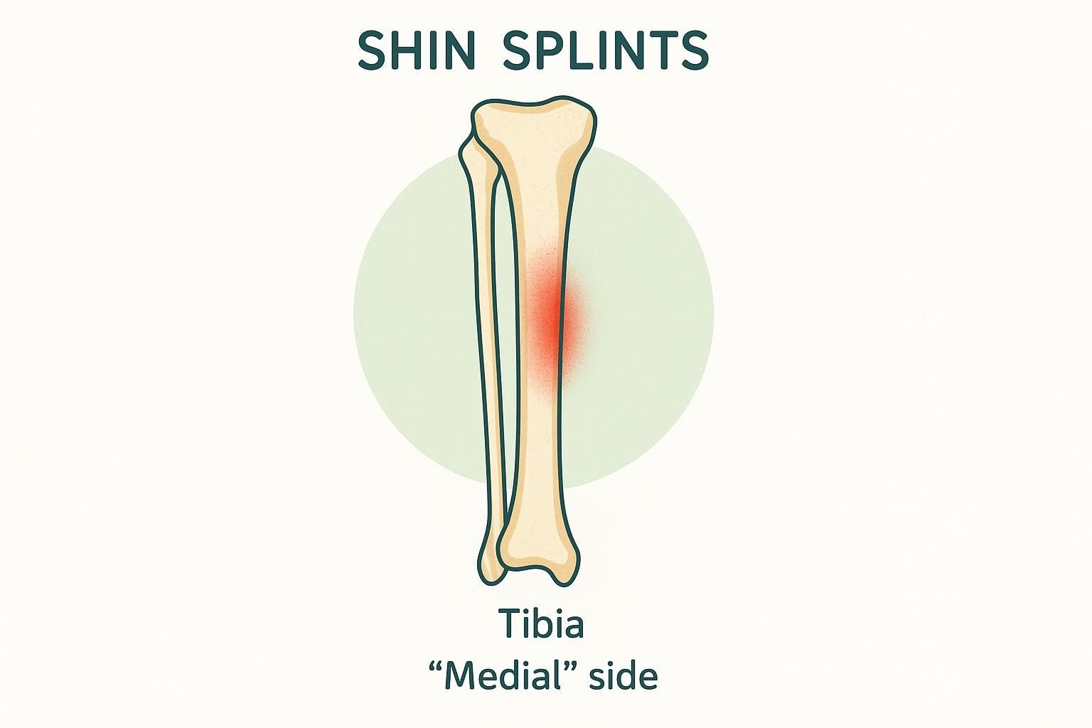 Illustration of a tibia bone with a red, glowing area on its medial side, indicating the common location of pain from shin splints (medial tibial stress syndrome). The text 'SHIN SPLINTS' is at the top and 'Tibia "Medial" side' is at the bottom.