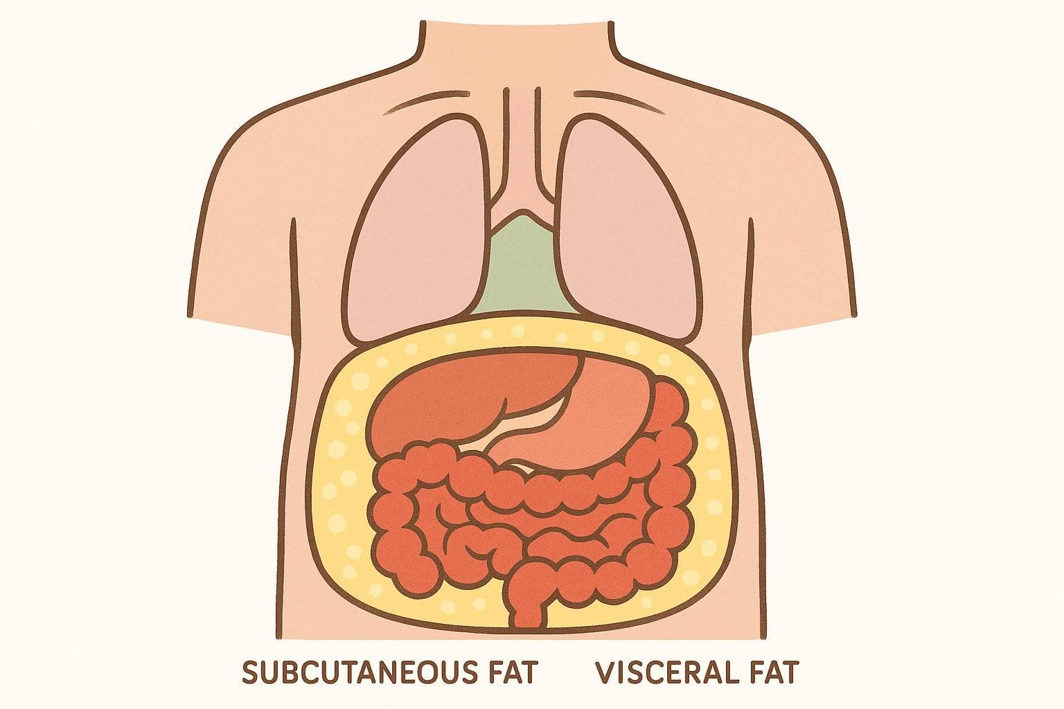 A diagram illustrates the difference between subcutaneous fat (yellow layer directly under the skin) and visceral fat (orange layer surrounding internal organs like intestines, stomach, and liver) within a human torso, with lungs and diaphragm also visible.