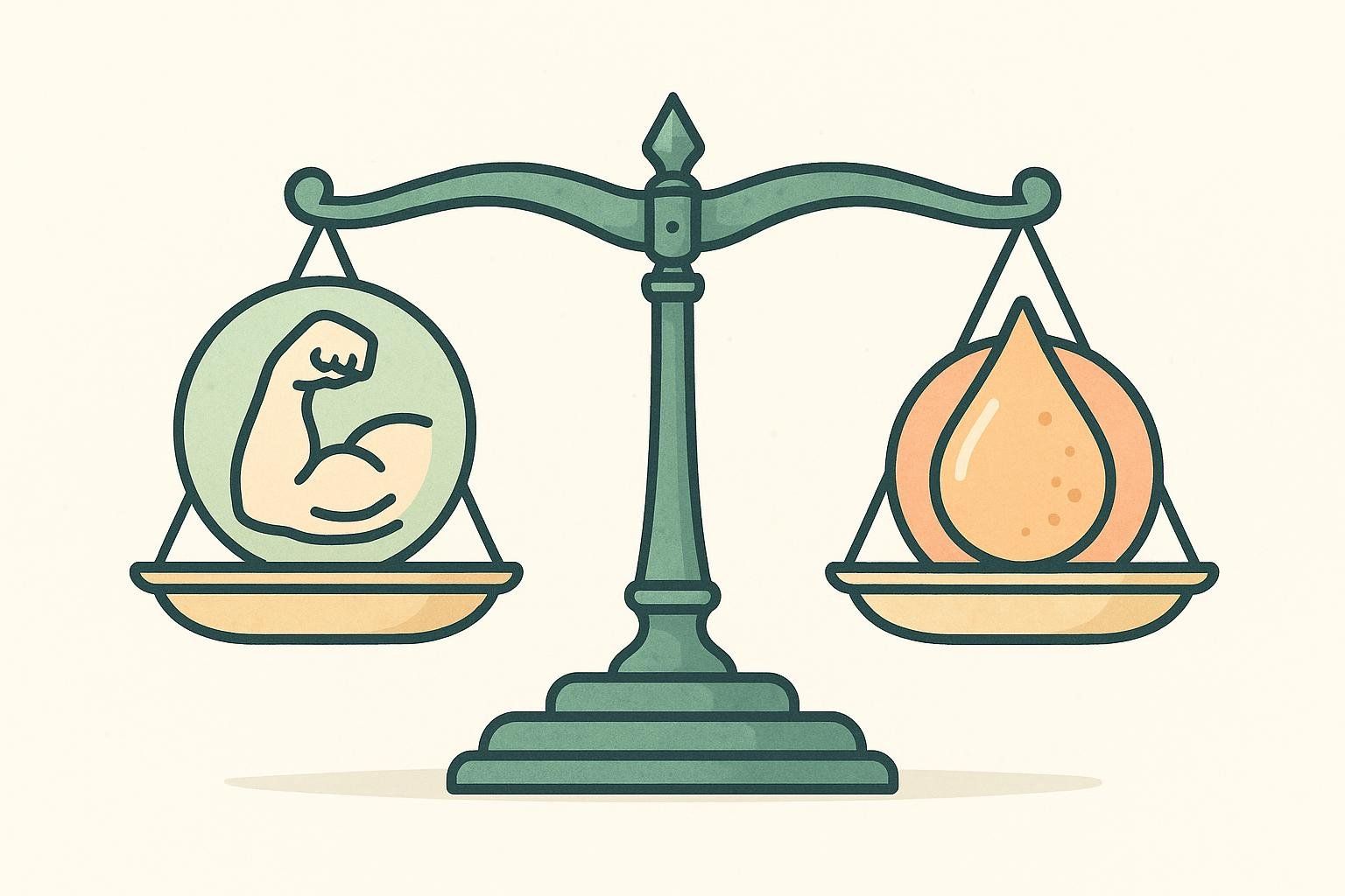 An illustration of a balance scale with a muscle icon on one side and a fat icon on the other, representing body recomposition.
