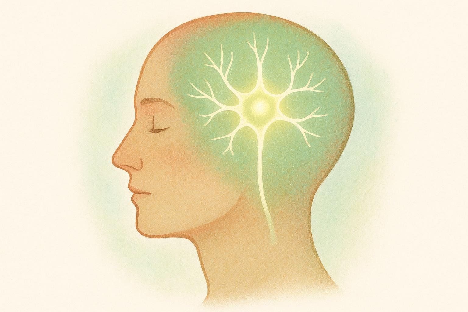 An illustration in profile of a human head with closed eyes, facing left. Inside the head, a luminous, branching neuron glows with a bright central point, representing a healthy nerve function.