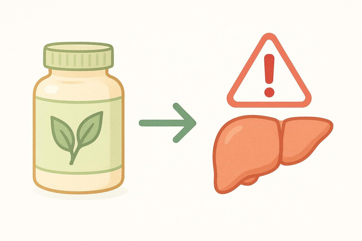 An illustration showing a bottle of green tea extract supplement with an arrow pointing to a liver icon with a warning sign above it, symbolizing the risk of liver damage.